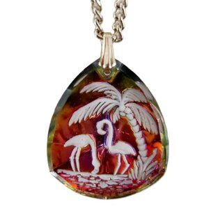 Vtg Intaglio Tropical Birds Pendant Necklace Reverse Carved Lucite Glass Germany